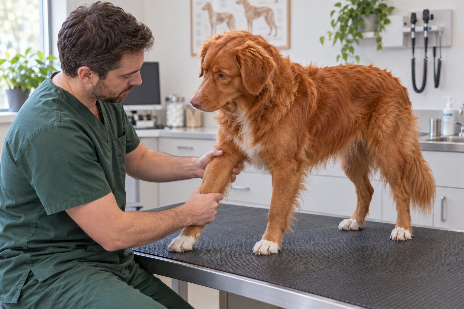 Veterinár vyšetruje prednú končatinu krívajúceho psa zboku